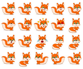 Big set of funny squirrel in cartoon style in different standing poses and emotions isolated on white background - 286067549