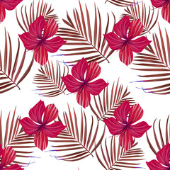 Fototapeta na wymiar Hibiscus pattern. Tropic palm leaf. Seamless background