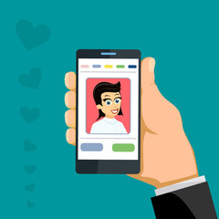 Happy woman on smartphone screen. Online chat app.