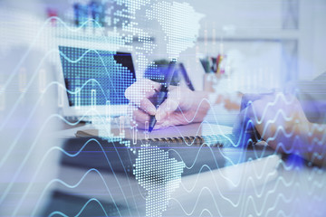 Financial graph displayed on woman's hand taking notes background. Concept of research. Double exposure