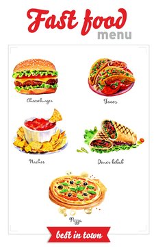 Fast food menu. Watercolor pictures