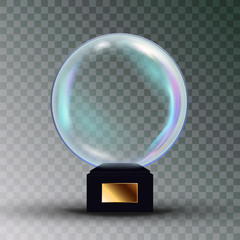 Empty Snow Globe Vector. Shadows, Reflection And Lights. Glass Sphere On A Stand. Isolated On Transparent Background