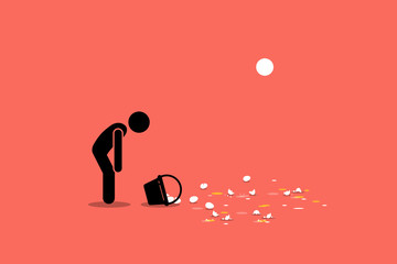 Don't put all your eggs in one basket. Vector artwork showing a man accidentally dropping his basket of eggs on the floor and breaking them. Concept of fail investment, mistake, and financial lost.