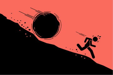 Big rock or boulder rolling down on a man from steep mountain hill slope. Vector concept artwork of danger, risk, problem, and crisis. © leremy