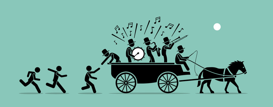 Jump on the bandwagon. Vector artwork concept depicts people and followers chasing, joining, and jumping into a bandwagon because it is popular, famous, and trendy.