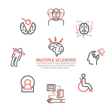 Multiple sclerosis banner. Symptoms, Causes, Treatment. Line icons set. Vector signs for web graphics.