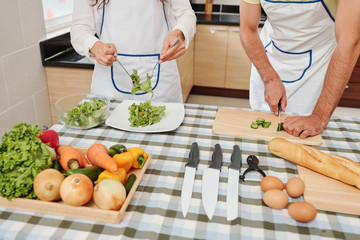 Couple cutting cucumbers and mixing lettuce leaves with dressing for delicious healthy salad for dinner