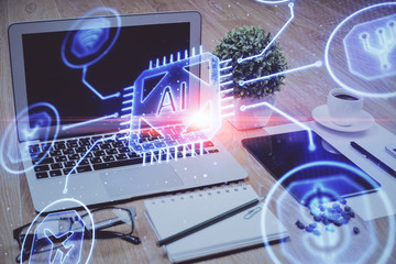 Double exposure of table with computer on background and data theme drawing. Concept of innovation.