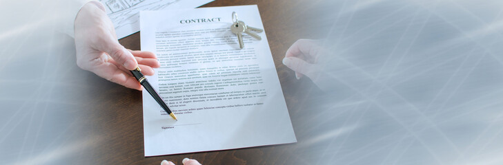 Realtor showing the signature place of a contract; panoramic banner