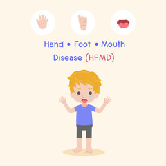 Children infected, Boy have a Hand Foot Mouth Disease, HFMD in rain season, Medical Health care concept, cartoon character vector Info-graphic.
