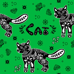 seamless background. cat, Scandinavian style drawing, black and white. cat color flat hand drawn vector character.