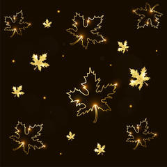 Vector of illustration golden maple autumn fall leaves, with gold texture on dark black background. Design. Template for autumn sale, placard, greeting postcard, flyer, presentation, web banner - Vect