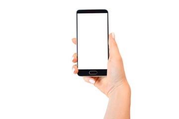 Smartphone with empty white screen in female hand isolated on white.