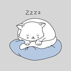 Cute cat character. White kitten is sleeping on a blue pillow. Vector illustration.