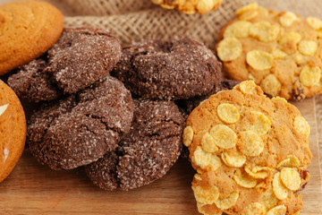 Stack of crunchy tasty cookies on a kitchen table close up