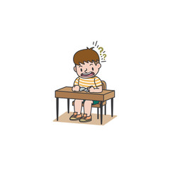 The student boy has studied and confuse and the desk illustration vector on white background. Education and study concept.