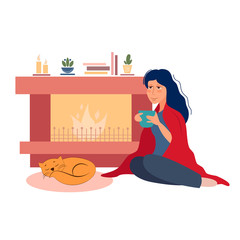 Girl drinks coffee by the fireplace