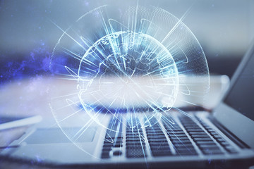 Multi exposure of business theme icons and table with computer background. Concept of success.