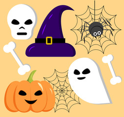 Set of Halloween elements. Pumpkin, hat, skull, Ghost, web and spider. Vector illustration