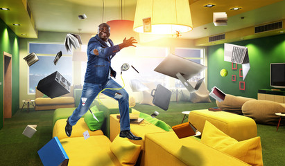 Businessman jumping of happiness. Mixed media