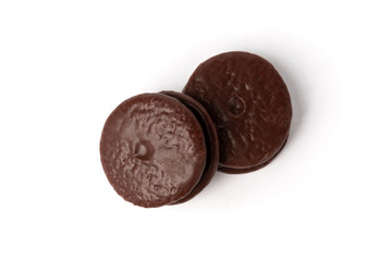 Chocolate cookies isolated on white background. Chocolate pie.