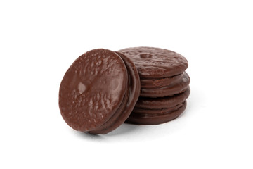 Chocolate cookies isolated on white background. Chocolate pie.