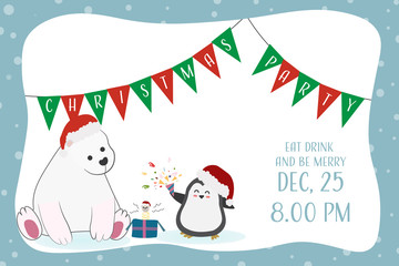 cute funny polar bear and penguin christmas party invitation eps10 vector invitation