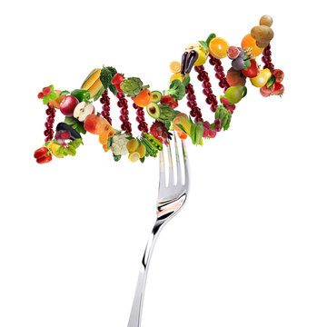 Nutrigenetics concept with veggies and fruits strands as DNA molecule structure