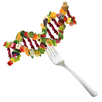 Colorful vegetables and fruits as molecular DNA Strand on a fork can be used as Nutrigenetics concept image for healthy life.