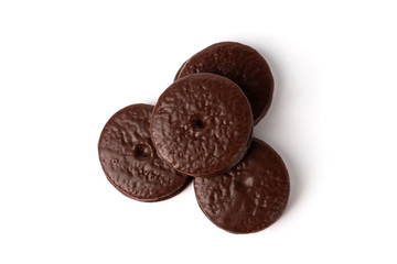 Chocolate cookies isolated on white background. Chocolate pie.