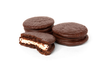 Chocolate cookies isolated on white background. Chocolate pie.