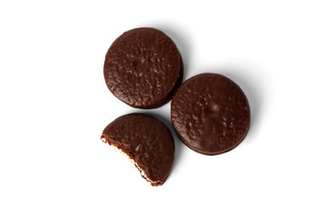 Chocolate cookies isolated on white background. Chocolate pie.