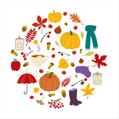 Vector illustration of round shaped autumn fall leaves, berries, fruit, pumpkin. Thanksgiving. Seasonal design. Template, placard, greeting postcard, design, flyer, presentation, banner