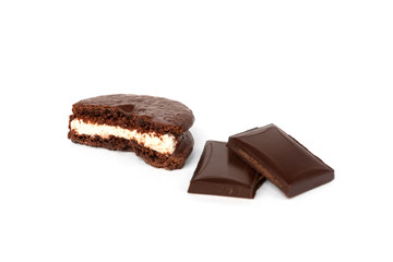 Chocolate cookies isolated on white background. Chocolate pie.