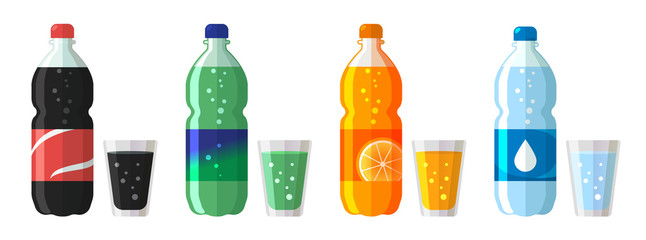 set of plastic bottle of water and sweet soda with glasses. Flat vector water soda icons illustration isolated on white