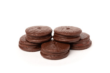 Chocolate cookies isolated on white background. Chocolate pie.