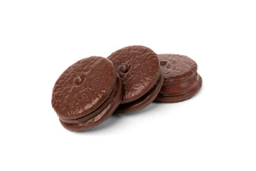Chocolate cookies isolated on white background. Chocolate pie.