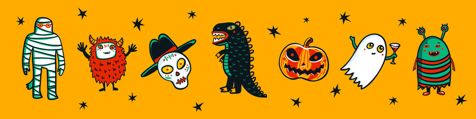Halloween horizontal banner with funny monsters. Cartoon style vector illustration on yellow background.
