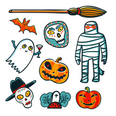 Halloween design elements. Cartoon pumpkins, mummy, bat, ghost and skulls on white background. Trick or treat concept. illustration
