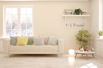 Stylish room in white color with sofa and winter landscape in window. Scandinavian interior design. 3D illustration