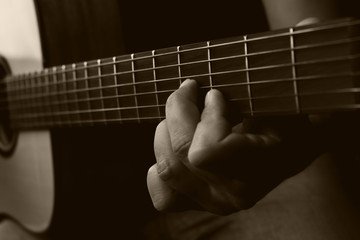 Acoustic Guitar Player Performing. Guitarist Playing In Music Studio