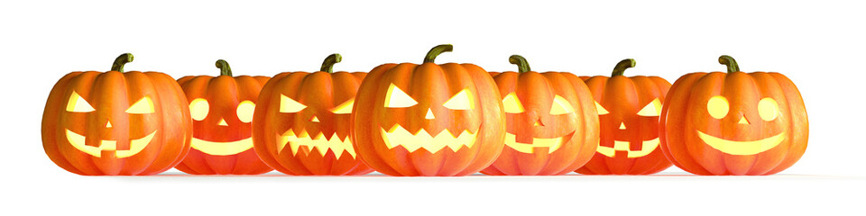 Autumn border of pumpkins in a row with white background. 3D Rendering illustration