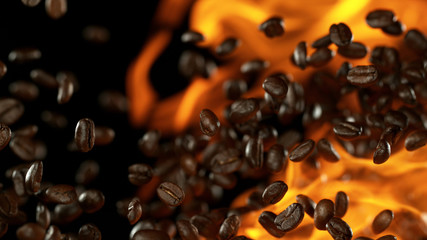 Fresh roasted coffee beans with flames