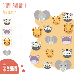 Count and write. How many? Easy worksheet with animals for preschoolers,  children in elementary and middle school. Fun way to practice math. Includes answers. Vector illustration.