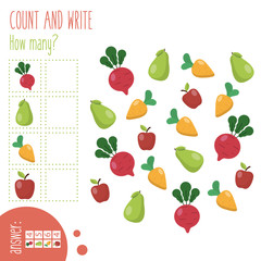 Count and write. How many? Easy worksheet with fruits and veggies for preschoolers,  children in elementary and middle school. Fun way to practice math. Includes answers. Vector illustration.