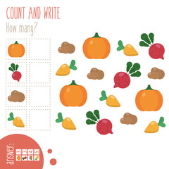 Count and write. How many? Easy worksheet with vegetables for preschoolers,  children in elementary and middle school. Fun way to practice math. Includes answers. Vector illustration.