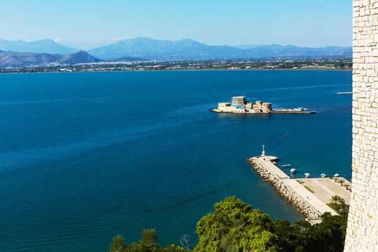 Top view on Bourtzi castle in the Mediterranean sea. Nafplio, Argolida, Peloponnese, Greece