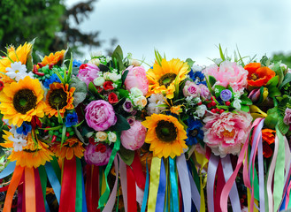 Ukrainian bright wreaths and hair ornaments with ribbons