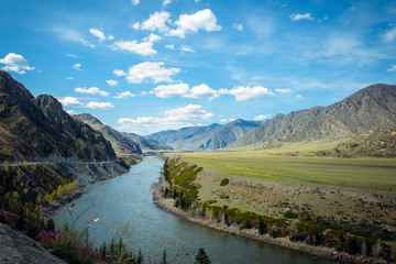 Bend of the Katun river, Chui tract, road to Mongolia. Beautiful mountain landscape on a sunny spring day. Concept of travel and learning the world.