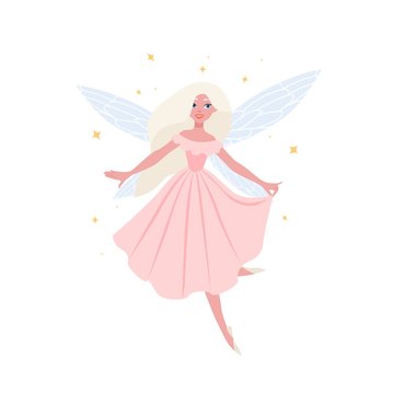 Beautiful flying fairy owith blonde hair in elegant ball gown isolated on white background. Fairytale creature with butterfly wings, magical character from folklore. Flat cartoon vector illustration.